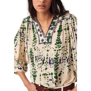 ba&sh Lady Top Blouse Womens Medium Green Blue Tie Dye Embroidered Boho V-Neck